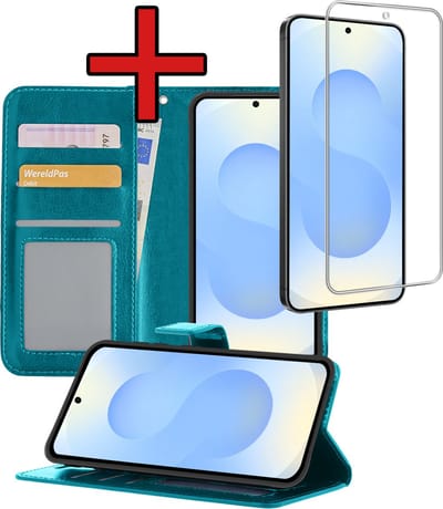 Hoesje - Met Screenprotector - Geschikt voor Samsung Galaxy S25 FE - Luxe Pasjeshouder - Flipcase - Bookcase Portemonee - Flip Case - Kunstleer Book Case - Book Cover - Walletcase - Portemonneehoes - Telefoonhoes - Turquoise