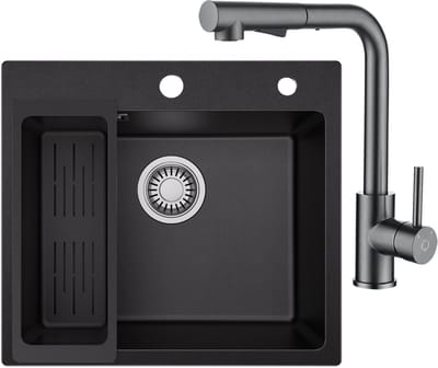 SOFETIY MAX Granieten Spoelbak Zwart / Antraciet (50*45cm) - Spoelbak Keuken Met Keukenkraan Met Uittrekbare Uitloop - Spoelbakken Keuken – Wasbak Keuken Met Waterafvoersysteem