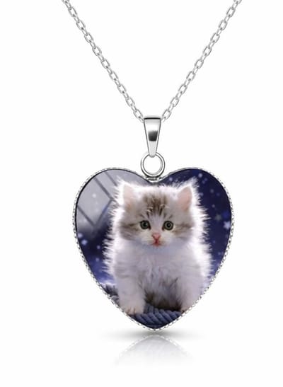 EmmyRovi – Hart ketting met kitten – Kat - Poes - Sieraden Cadeau - verzilverd – 60 cm
