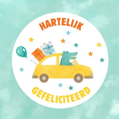 Wenskaart gefeliciteerd krokodil auto cadeautjes aquarel – 13x13 cm – gevouwen kaart – inclusief witte envelop – stevig papier – verjaardagskaart kind