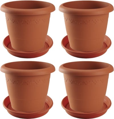 4x stuks bloempotten met onder opvangschaal in kleur terra cotta - rond diameter pot 30 cm - Plantenpotten/bakken