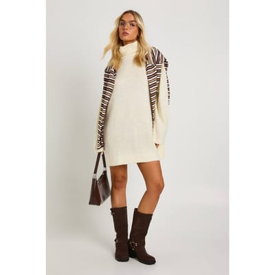 boohoo Dames Superzachte geborstelde gebreide rolkraag mini-jurk | Cream | Maat: Small