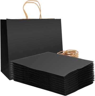 50 Stuks Zwarte Papieren Draagtassen - Kraftpapier Cadeauzakjes 32x11x25 Cm met Handvat voor Feest, Winkel en Verpakking, Duurzaam en Herbruikbaar