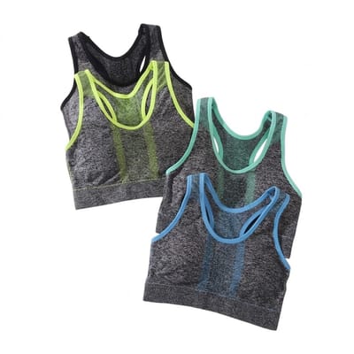 Grijs sport beha dames – naadloze sport bh set – ademende sport top met racerback en kleur blok rand – elastische sport bh zonder sluiting – brede schouderbanden – fitness yoga hardlopen – maat L – set van 4