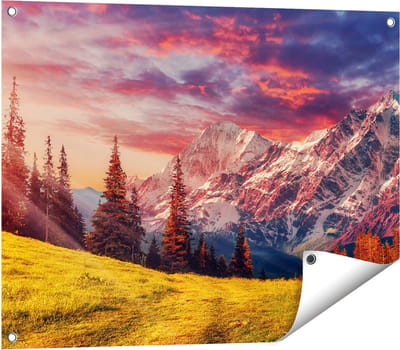 Gards Tuinposter Alpen Landschap met een Kleurrijke Hemel - 80x60 cm - Tuindoek - Tuindecoratie - Wanddecoratie buiten - Tuinschilderij