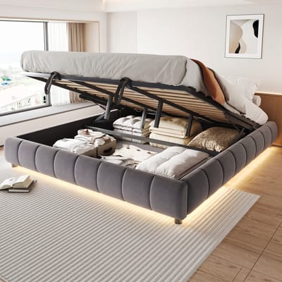 VVBV Gestoffeerd Opbergbed 180x200 cm - Hydraulische Opbergruimte, LED-Verlichting, Hoofdbord, Voor Kinderen/Tieners - Grijs