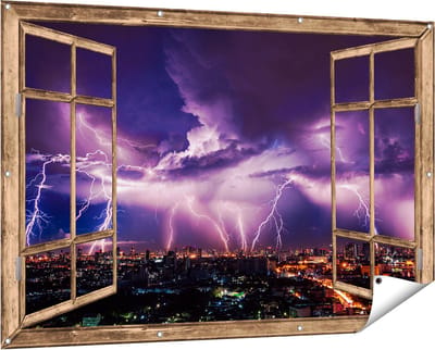 Gards Tuinposter Doorkijk Blikseminslag op een Stad in het Paars - 150x100 cm - Tuindoek - Tuindecoratie - Wanddecoratie buiten - Tuinschilderij