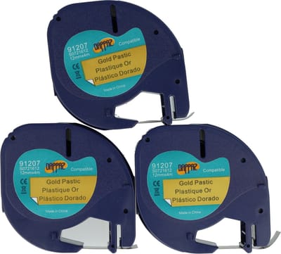 3 stuks Plastic Labels Zwart op GOUD Compatible - Geschikt voor Dymo LetraTag Labelprinter - Labeltape 91207 - 12 mm x 4 m - Dappaz