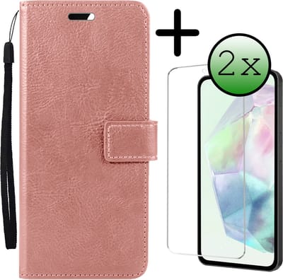 Hoesje Met 2x Screenprotector - Geschikt voor Samsung Galaxy A35 - Luxe Pasjeshouder - Bookcase Portemonee - Flip Case - Kunstleer Book Case - Flipcase Hoes - Book Cover - Walletcase - Portemonneehoes - Rosé goud