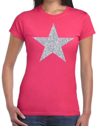 Glitter and glamour ster T-shirt - zilver glitters - roze - dames - Verkleedkleding - Feestkleding S