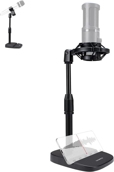 Verstelbare Microfoonstandaard voor Podcast en Gaming, met Schokabsorber, Microfoonclip en Telefoonhouder, Stabiele Basis voor Professionele Opnames