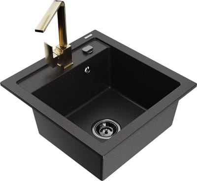 Mexen Vito granieten gootsteen met 1 kom en keukenmengkraan Rita, zwart/goud metallic - 6503-75-670300-50-B