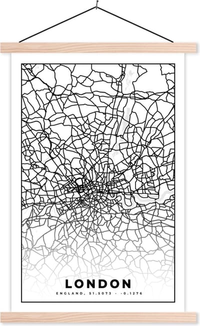 Posterhanger incl. Poster 40x60 cm - Schoolplaat - Londen - Zwart Wit - Stadskaart - Plattegrond - Kaart - Textielposter - Blanke latten - Stadskaart