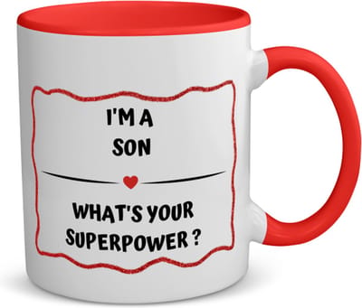 Akyol - i'm a son what's your superpower? koffiemok - theemok - rood - Zoon - super zoon - verjaardag - cadeautje voor zoon - zoon artikelen - kado - geschenk - 350 ML inhoud