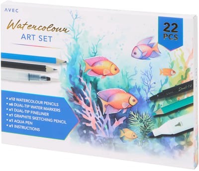 Teken- en kleurset 22-delig voor kinderen en volwassenen – waterverfpotloden, markers met dubbele punt, fineliner, aquabrush en schetspotlood – complete creatieve set voor tekenen, kleuren en aquarel – hobby & creatief tekenen