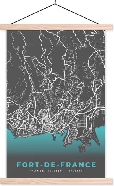 Posterhanger incl. Poster 40x60 cm - Schoolplaat - Kaart – Stadskaart – Frankrijk - Fort-de-France - Plattegrond - Textielposter - Blanke latten - Stadskaart