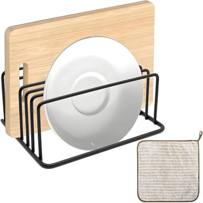 Snijplankhouder met 5 sleuven, multifunctionele organizer voor snijplanken, bakplaten en trays, inclusief reinigingsdoek voor een opgeruimde keuken