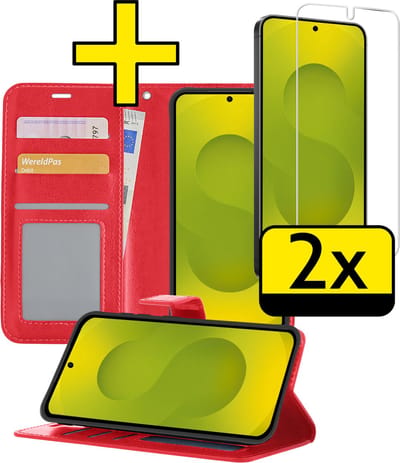 Hoesje - Met 2x Screenprotector - Geschikt voor Samsung Galaxy S25 - Luxe Pasjeshouder - Bookcase Portemonee - Flip Case - Kunstleer Book Case - Flipcase Hoes - Book Cover - Walletcase - Portemonneehoes - Telefoonhoesjes - Rood