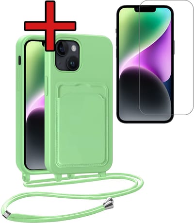 Hoesje Geschikt voor iPhone 13 Hoesje Met Telefoonkoord en Pasjeshouder Met Screenprotector Siliconen - Hoes Geschikt voor iPhone 13 Hoesje Met Kaarthouder Case - Groen