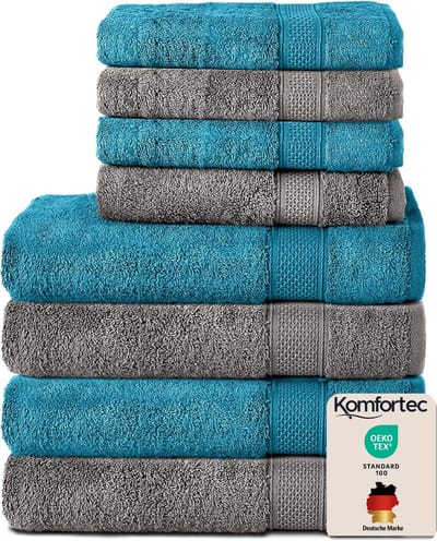 Komfortec Handdoekenset – Set van 8 - 4x Handdoek 50x100 cm en 4x Badhanddoek 70x140 cm - 100% Katoen - Antraciet&Turquoise