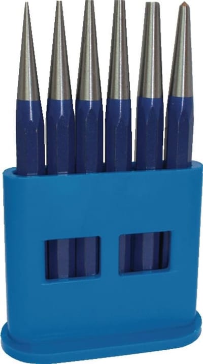 De doorslagset 6-delig 1-2-3-4-5+ centerpons D.4mm kunststof houder TECWERK