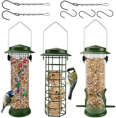OmGoods - Dailygoody - Wild Feeder - Vogelvoederstation - Metalen ophangsystemen - Groen - Vogelvoer set - Geschikt voor tuinen - 3 stuks
