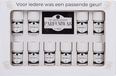 Parfumwas Cadeaupakket – 10 Geuren – Luxe Probeerset Wasparfum – 1-2 Wasbeurten per Geur – Cadeau & Geurentest – De Heerlijkheid