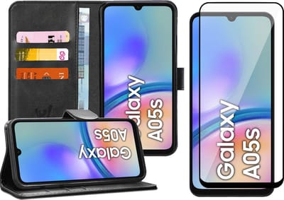 Hoesje geschikt voor Samsung Galaxy A05s - Screenprotector Volledig Dekkend Glas - Portemonnee Book Case Zwart