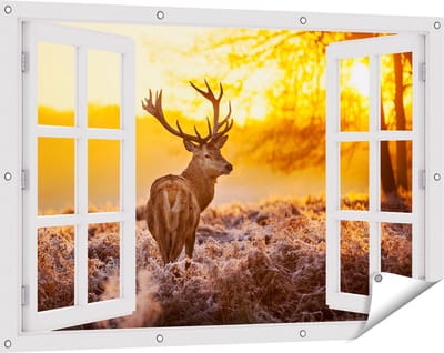 Gards Tuinposter Doorkijk Hert in Bos tijdens de Zonsopkomst - 120x80 cm - Tuindoek - Tuindecoratie - Wanddecoratie buiten - Tuinschilderij