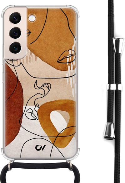 Telefoonhoesje met koord geschikt voor Samsung S22 - Abstract Shape Faces - Inclusief koord - Transparant, Bruin - - Crossbody beschermhoes - Met Telefoonketting