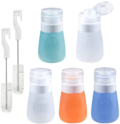 Dailygoods - Webake 2 oz salade dressing container to go, 5-pack specerijen knijpflessen siliconen sausflessen met 2 stuks reinigingsborstel, lekbestendige mini-reiscontainers