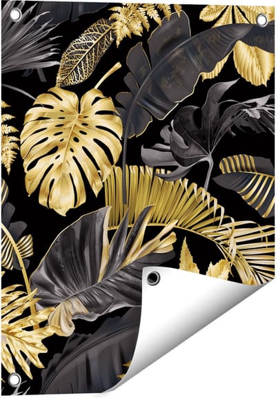 Gards Tuinposter Gouden Tropische Bladeren - 40x50 cm - Tuindoek - Tuindecoratie - Wanddecoratie buiten - Tuinschilderij