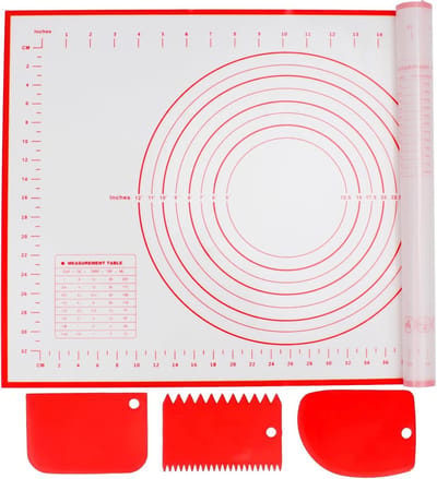 Thijox - Silicone Bakmat 60x40 CM met 3 Deegschrapers - Anti-aanbak Deegmat, Antislip Bakmat voor Pizza, Fondant, Taart en Brood - Rood Keukenaccessoi