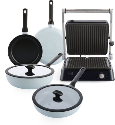 BK Enjoy Pannenset 4-delig met Contactgrill - 24/28cm - 3.4/4.2L - 2000W - PFAS vrije antikleeflaag - Pannenset inductie - Keramische pan - Ovenbestendig tot 160° - Hapjespan 28cm met deksel - Koudgrepen - Lichtblauw