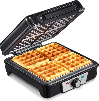 Wafelijzer - Bakplaat Wafels - Gezinsontbijt - Instelbare Bruining - 4 Belgische Wafels - Zwart