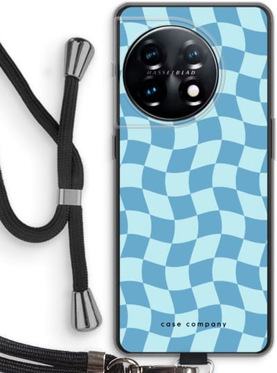 Case Company® - Hoesje met koord geschikt voor OnePlus 11 hoesje met Koord - Grid Blauw - Telefoonhoesje met Zwart Koord - Bescherming aan alle Kanten en Over de Schermrand