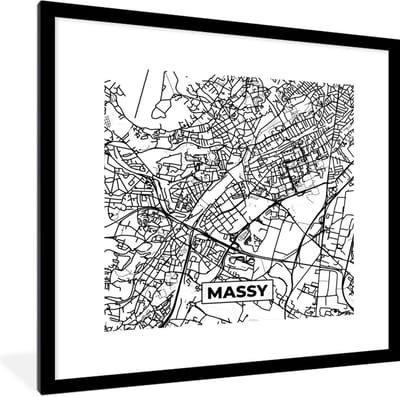 Fotolijst incl. Poster Zwart Wit- Plattegrond - Kaart - Massy - Frankrijk - Stadskaart - Zwart wit - 40x40 cm - Posterlijst