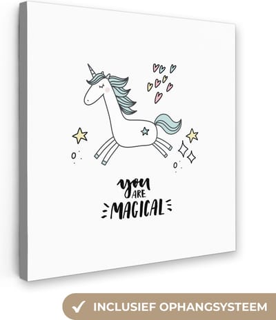 Schilderij voor kinderen - Wanddecoratie meisjes - Unicorn - Quotes - You are magical - Meisje - Kinderen - Kinderkamer decoratie - Canvas doek kids - 20x20 cm