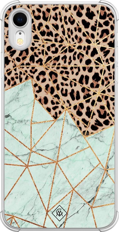 Casimoda® hoesje - Geschikt voor iPhone XR - Luipaard Marmer Mint - Shockproof case - Extra sterk - TPU/polycarbonaat - Mint, Transparant