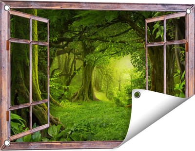 Gards Tuinposter Doorkijk Groene Tropische Jungle Bos - 60x40 cm - Tuindoek - Tuindecoratie - Wanddecoratie buiten - Tuinschilderij