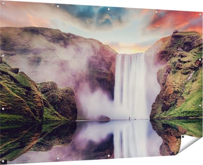 Gards Tuinposter Waterval met een Weerspiegeling in het Water - 180x120 cm - Tuindoek - Tuindecoratie - Wanddecoratie buiten - Tuinschilderij