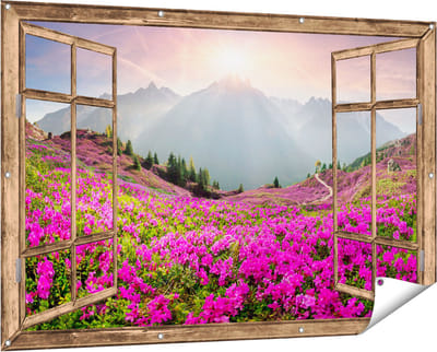 Gards Tuinposter Doorkijk Rhododendron Bloemenveld in de Alpen - 150x100 cm - Tuindoek - Tuindecoratie - Wanddecoratie buiten - Tuinschilderij