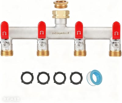 4-Weg Waterverdeler van Messing met Rood Handvat, Tuinverdeler met 3/4 Inch Aansluiting en 1/2 Inch Adapter voor Efficiënte Waterverdeling