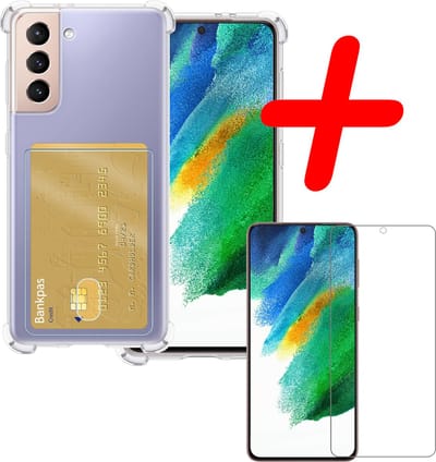 Hoesje Geschikt voor Samsung Galaxy S21 FE - Met Screenprotector - En Pashouder - En Kaarthouder - Telefoon Hoes Shockproof - Siliconen Case - Back Cover - Shock Proof - Pasjes Houder - Transparant