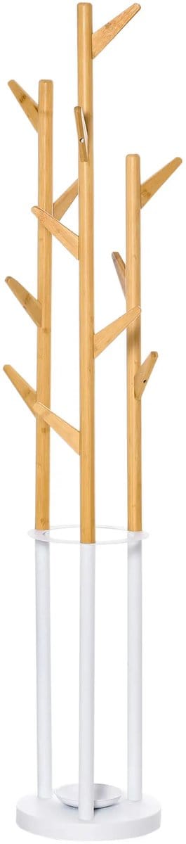 Pugsdrly Kledingrek, kledingrek met 12 haken en paraplubak, garderobe in boomvorm, modern jassenrek voor kleding, hoeden, tassen, voor woonkamer, slaapkamer, bamboe, naturel+wit