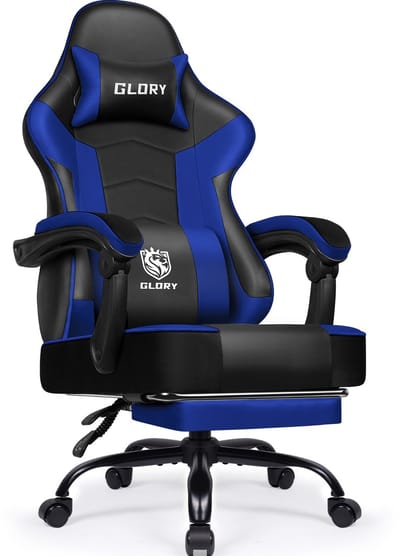 Hiaonyx Gaming Stoel - 170° Verstelbare Rugleuning - Gamestoel met inklapbare Voetsteun - racerstijl - Geïntegreerde Armleuningen Game Stoel - Maximale Belastbaarheid 150kg - Zwart Blauw