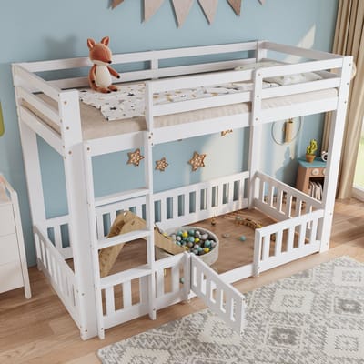 Stapelbed, met Leuning en Deur, Houten Bed, Grenen + LVL, met Haakse Trap, met Valbeveiliging, Vrije Ontwerpruimte Onder het bed, Wit, 90x200cm