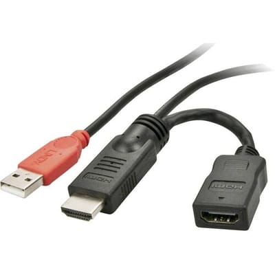 LINDY 41080 HDMI-kabel HDMI Stroomkabel HDMI-A-stekker, USB-A stekker, HDMI-A-bus 0.15 m Zwart Met USB