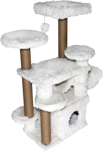 Topmast Krabpaal Fluffy Tokyo - Wit - 108 x 65 x 129 cm - Krabpaal voor Grote Katten en Zware Katten - Met Kattenhuis en Hangmat - Stevig Sisal Touw