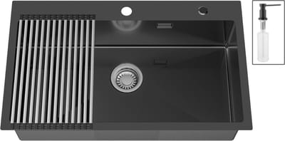 CECIPA max Spoelbak Antraciet / Gun Metal (75x45CM) - Spoelbak Keuken Met Zeepdispenser - Spoelbakken Keuken - Spoelbak Met Afdruiprek - Incl. Sifon en Afvoerzeefje - RVS